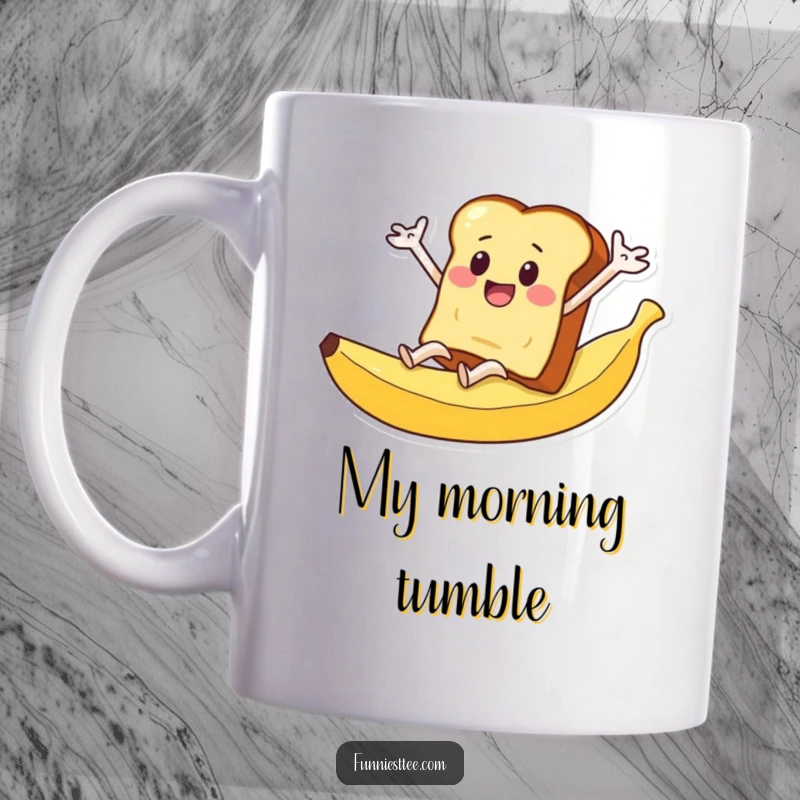 Funny slice of toast character with arms flailing wildly as it slides down a slippery banana peel.