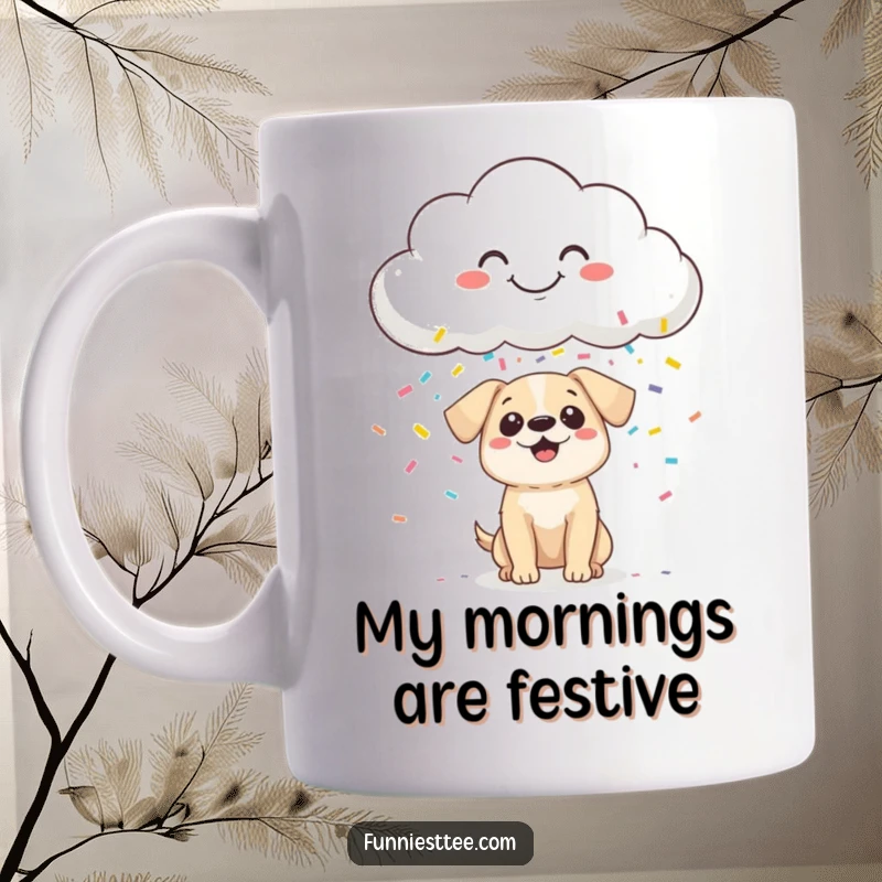 Funny Mug illustration of a smiling cloud raining colorful confetti onto a tiny, wide-eyed, surprised dog below.