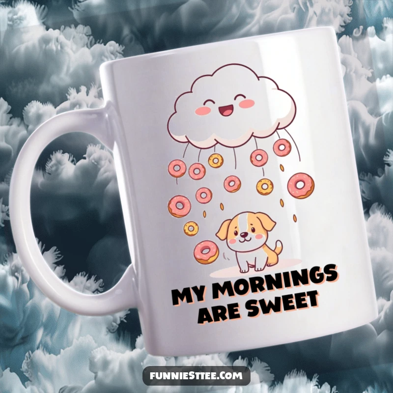 Funny mug showing a smiling cloud raining colorful donuts onto a bewildered, slightly wet dog looking up in confusion, a sweet surprise.