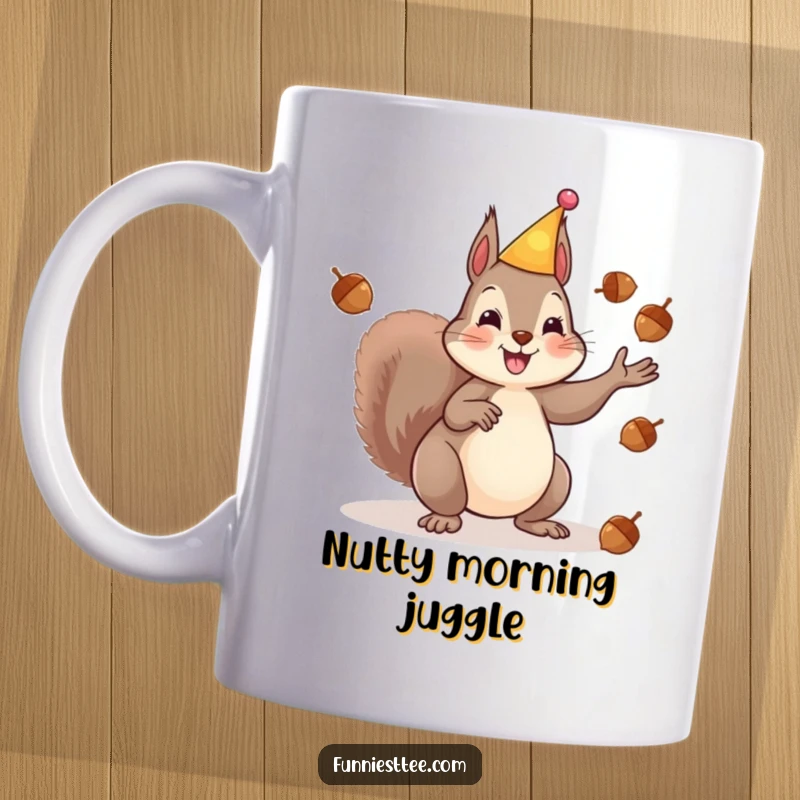 Funny mug showcasing a happy squirrel in a party hat enthusiastically juggling acorns, embodying energetic fun and festive spirit.
