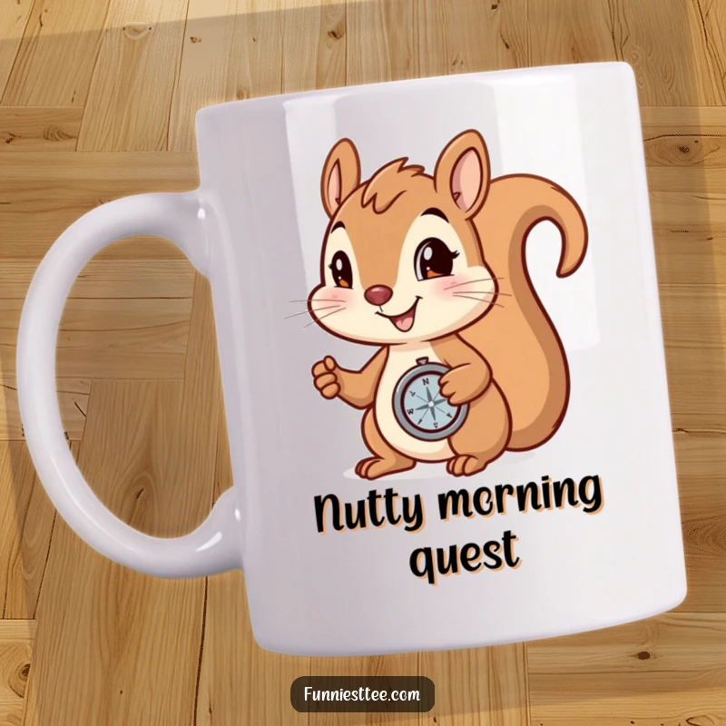 Funny Mug: Smiling squirrel holding a compass, determined to find a hidden nut, ready for adventure.