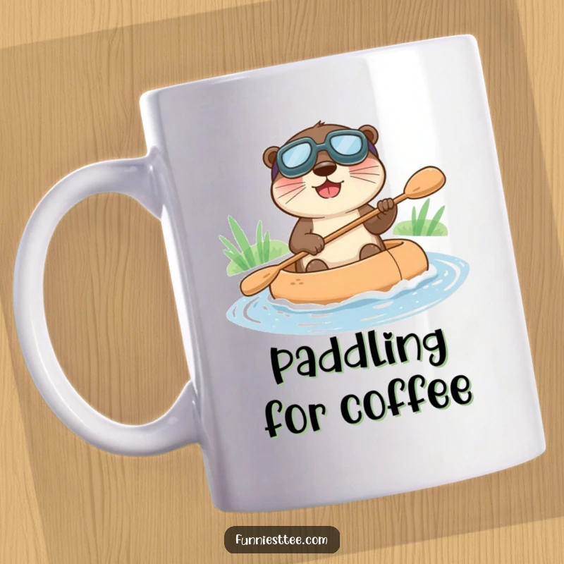 Funny mug featuring a happy otter in goggles, joyfully paddling a miniature raft down a gentle stream.