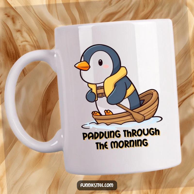 Funny penguin mug with a determined expression, wearing a tiny life vest and bravely paddling a small boat forward.