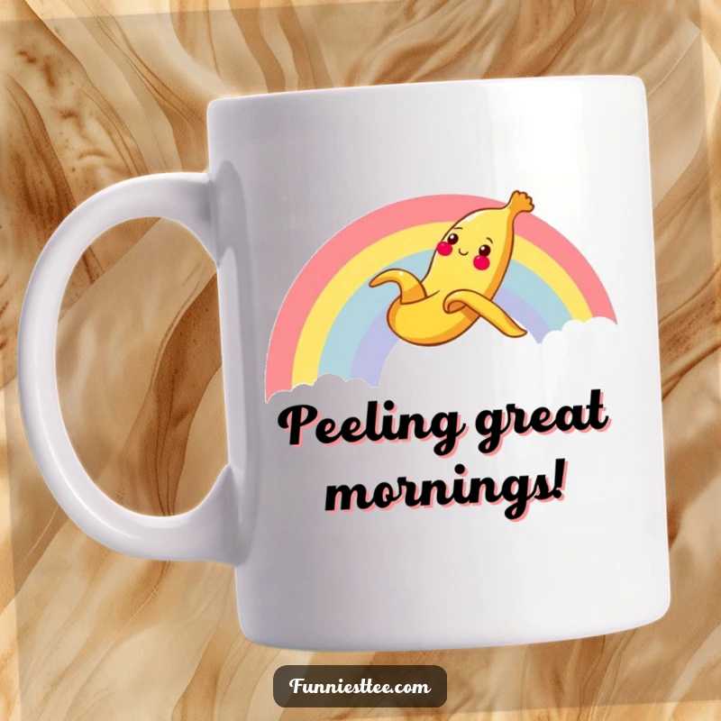 Funny Banana Rainbow Mug featuring a cheerful banana peel sliding gleefully down a rainbow, bringing a splash of color and happiness.