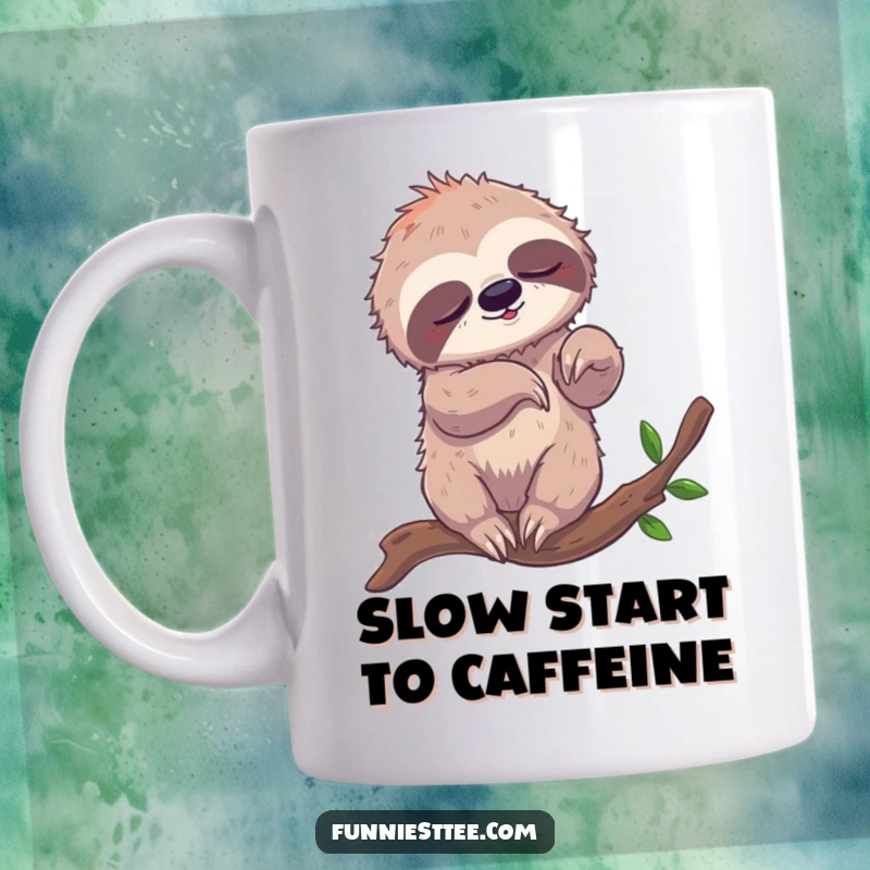 Funny mug depicting a sleepy sloth attempting to breakdance on a branch, comically tangled in its own limbs with a look of mild exertion.