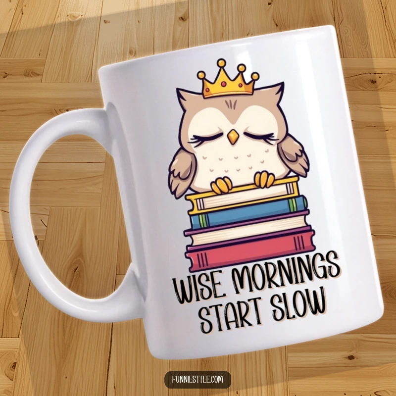Funny sleepy owl wearing a tiny crown, dozing off on a stack of books, conveying a sense of cozy, intellectual exhaustion for a humorous gift.
