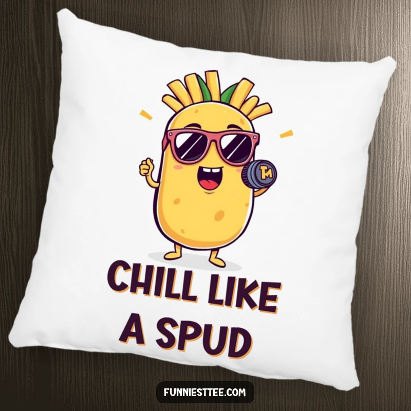 Funny potato pillow with a cool potato character in sunglasses holding a French fry mic, providing plush comfort and humor.