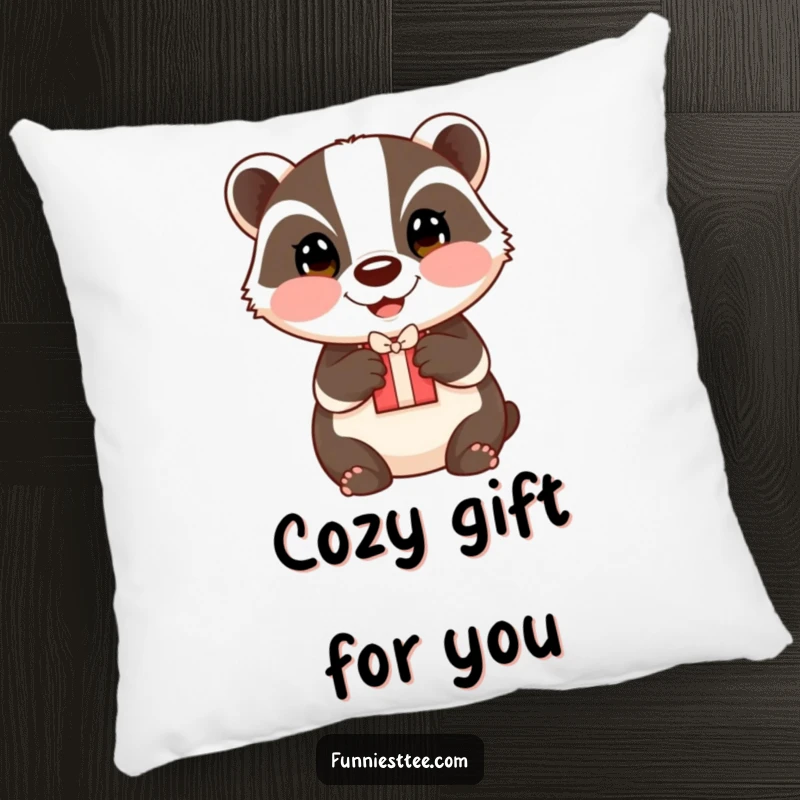 Funny badger gift pillow, a happy badger with rosy cheeks offering a small gift, soft and heartwarming.