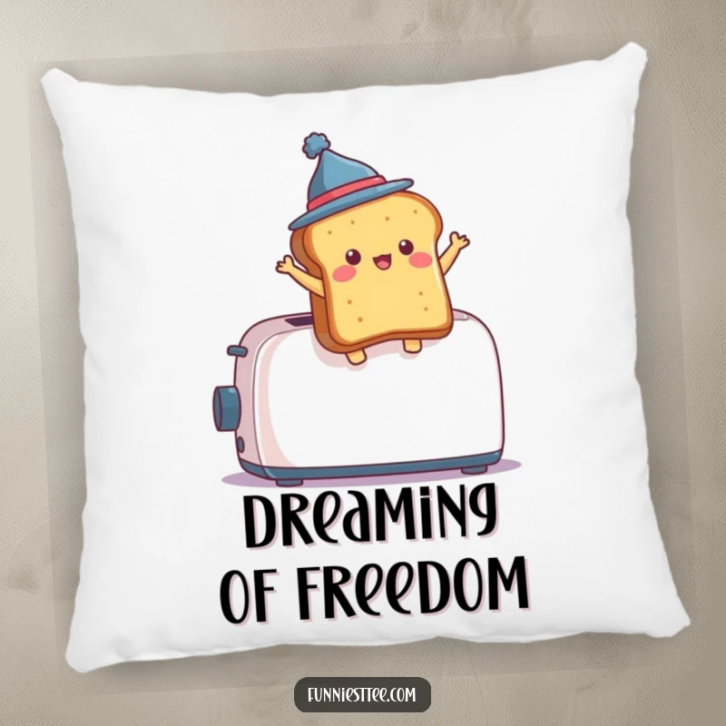 Funny Pillow design: a piece of toast wearing a tiny hat is depicted mid-air, dramatically jumping from a popping toaster.