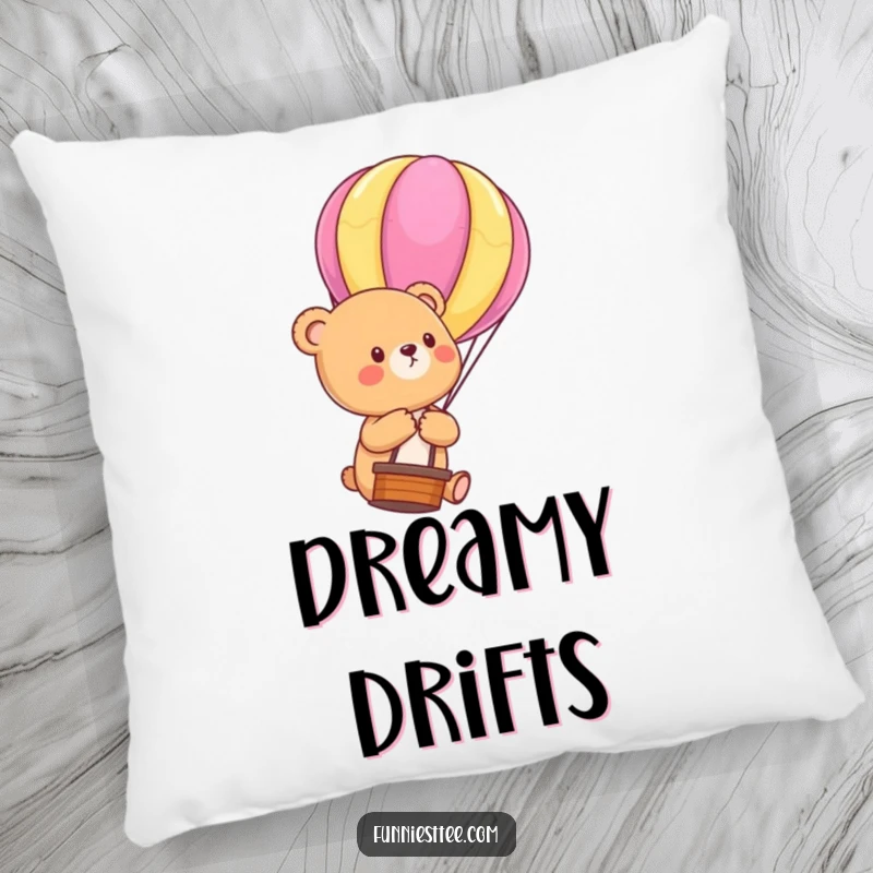 Funny Bear Cub Balloon Pillow: Soft decorative pillow with a cute bear cub floating upwards, holding a hot air balloon string, a funny accent.