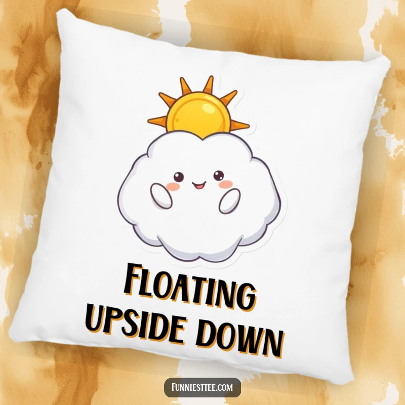 Funny pillow featuring a fluffy cloud character upside down, gently holding a sun, designed for whimsical comfort and cheerful vibes.