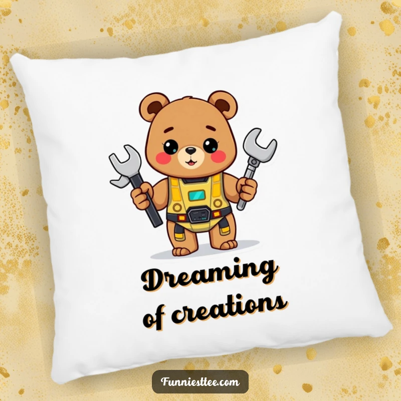 Funny Bear Pillow: A cheerful bear holds a wrench and proudly displays a half-built robot, a soft decorative item.