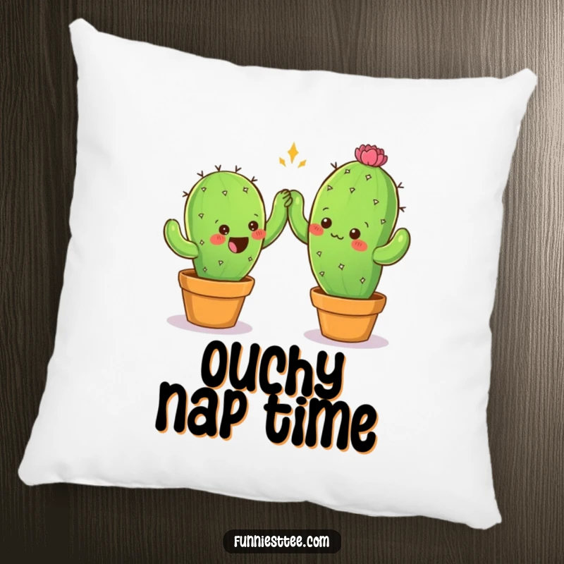 Funny pillow featuring two prickly cactus characters cautiously attempting a high-five, designed for comical comfort and friendly vibes.
