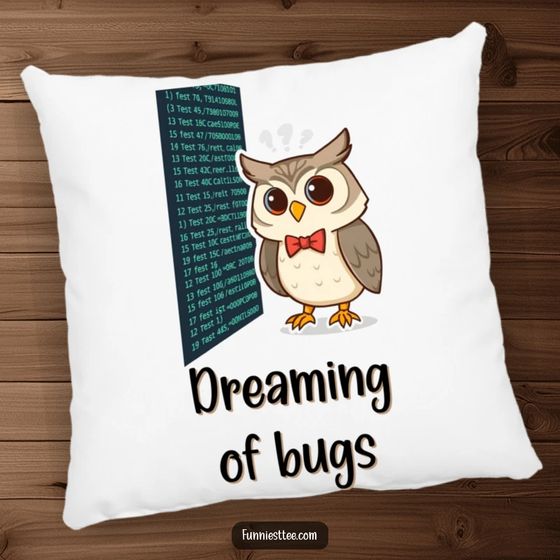Funny curious owl wearing a bow tie peering at lines of code on a screen, coding humor on a soft pillow.