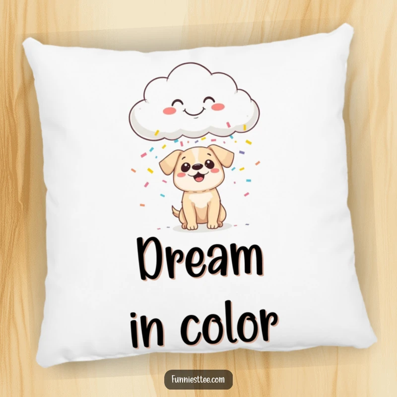 Funny Pillow design: a smiling cloud sprinkles colorful confetti down onto a small, wide-eyed, very surprised dog.