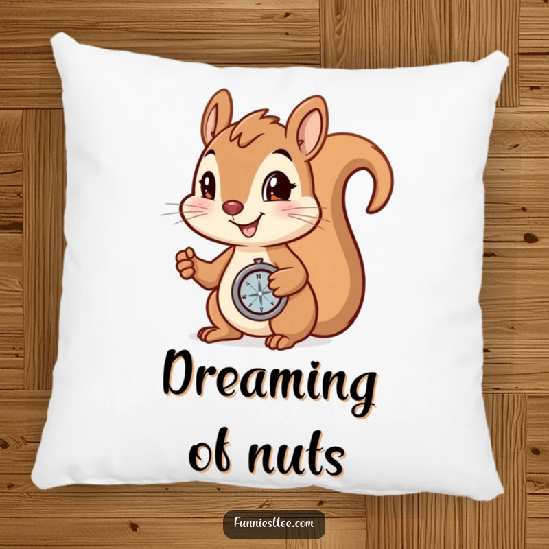 Funny Pillow: Smiling squirrel holding a compass, determined to find a hidden nut, soft and adventurous decor.