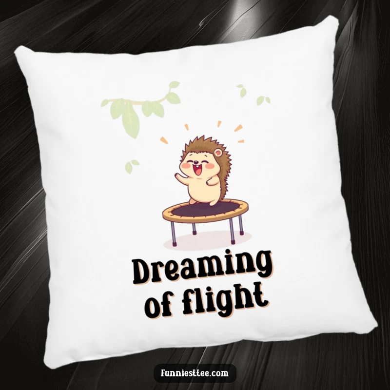 Funny pillow showcasing a happy hedgehog mid-air after a trampoline launch, bringing soft, cartoonish joy and humor.