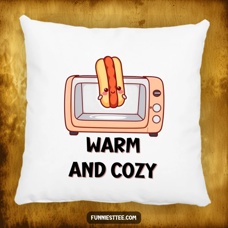 Funny hot dog pillow designed with a cheerful hot dog popping out of a toaster oven, offering soft comfort and hilarious food art.