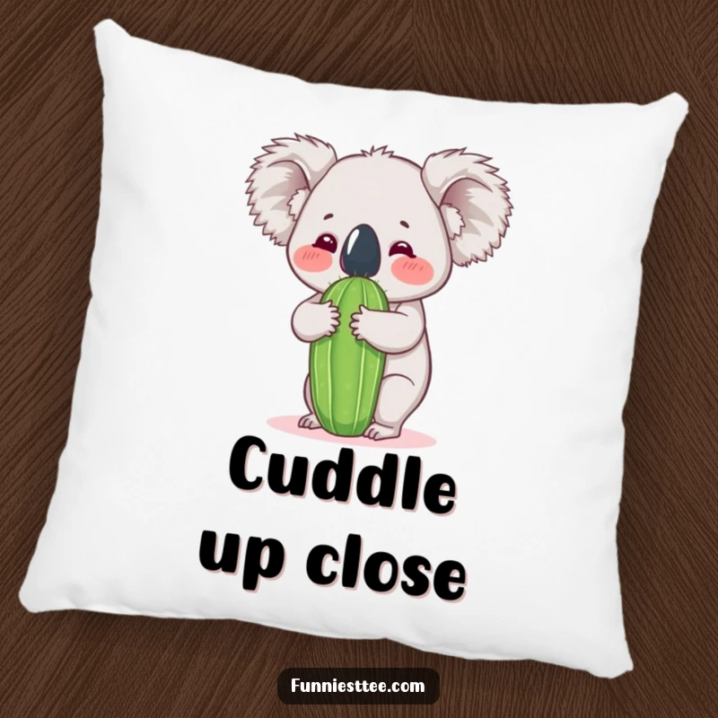 Funny koala pillow showing a koala wrapped around a cactus in a hug, providing soft comfort with a side of hilarious, prickly realism.
