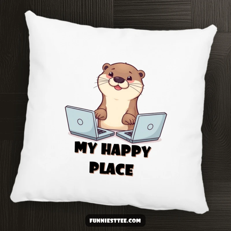 Funny smiling otter typing with two paws on multiple laptops simultaneously, busy animal humor on a soft pillow.