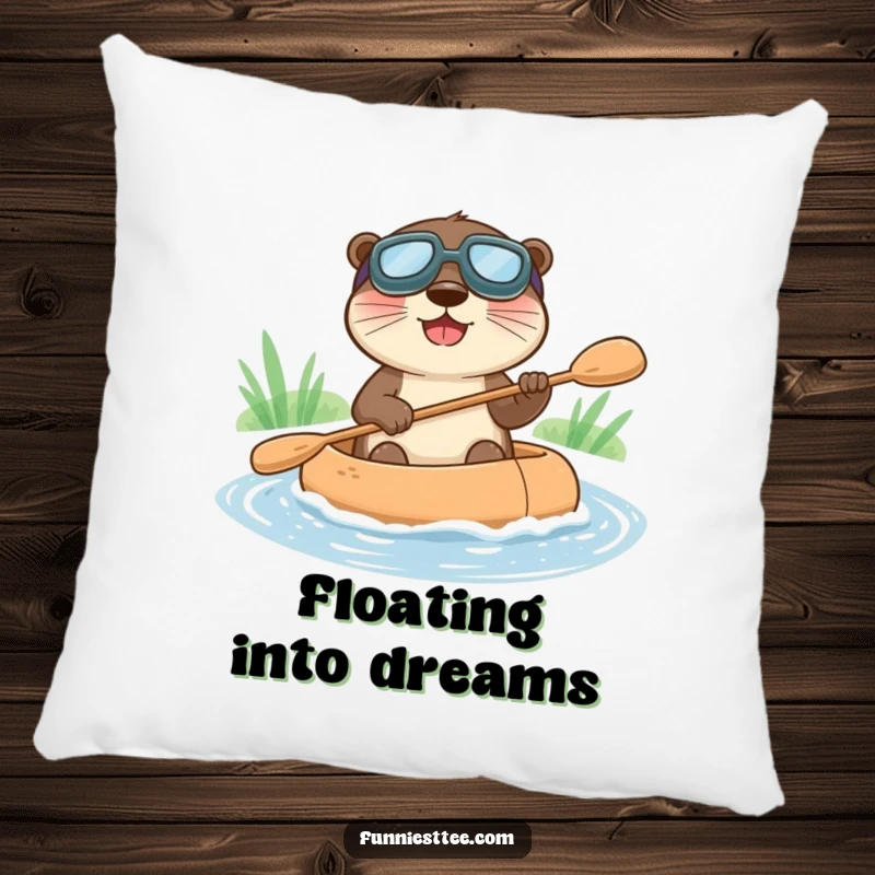 Funny pillow with a happy otter in goggles, paddling a raft down a stream, offering soft comfort and joy.