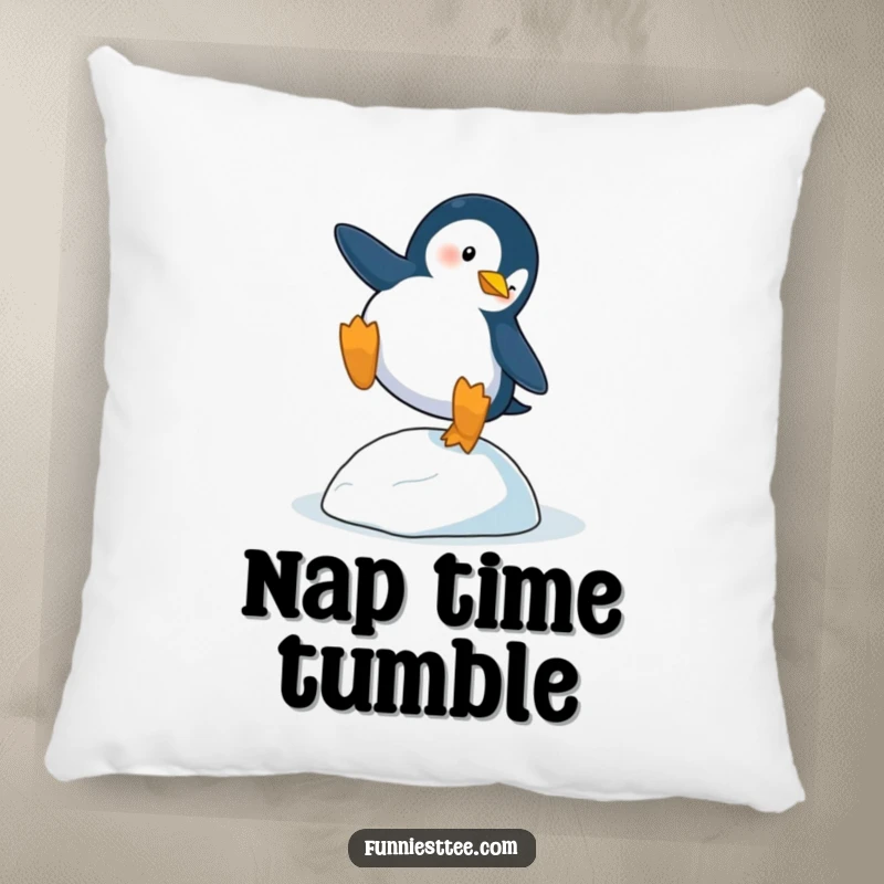 Funny Penguin Trip Pillow: A penguin dramatically trips over a single icy pebble, a soft and funny decorative item.