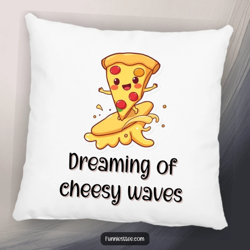 Funny pillow featuring a happy pizza slice character surfing on a melting cheese wave, offering a humorous and soft touch for pizza lovers' spaces.