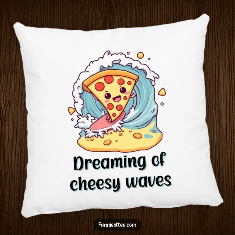 Funny determined pizza slice surfing a breaking wave of cheese on a pillow, a soft and comical decorative item.