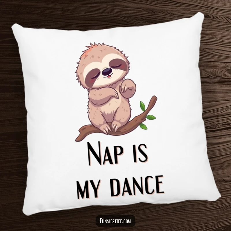 Funny pillow with a sleepy sloth hilariously tangled in its limbs while attempting to breakdance on a branch, bringing comfort and comedy.
