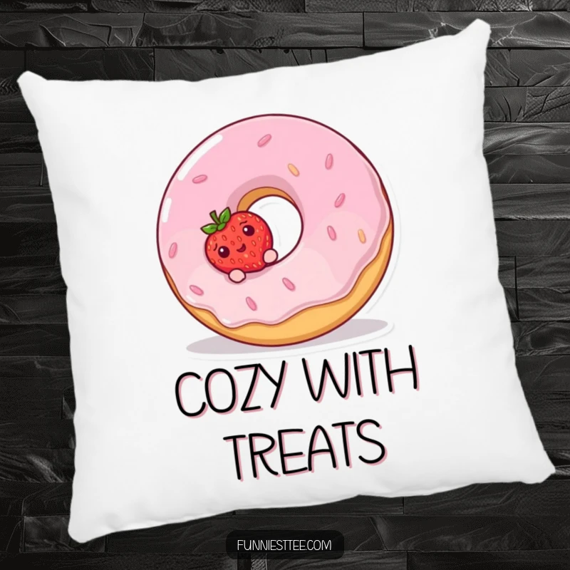 Funny Pillow design: a shy strawberry peeking from behind a large, giggling donut, adding a touch of sweet humor.