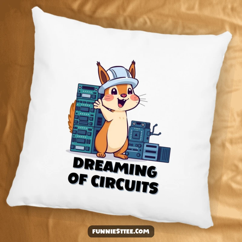 Funny squirrel in a hard hat excitedly gesturing towards a tower of circuit boards, tech humor on a soft pillow.