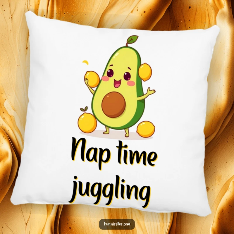 Plush funny pillow showing a smiling avocado comically juggling bright yellow lemons, ideal for cuddling.