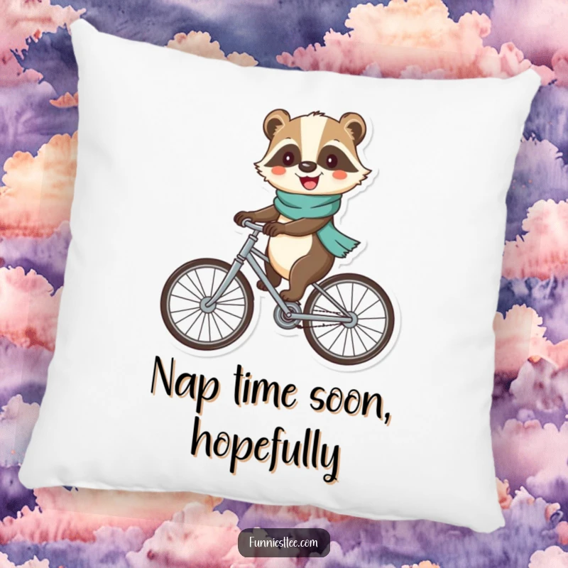 Funny badger pillow with a cheerful badger wearing a scarf, riding a bicycle with large, wobbly wheels, soft and huggable.