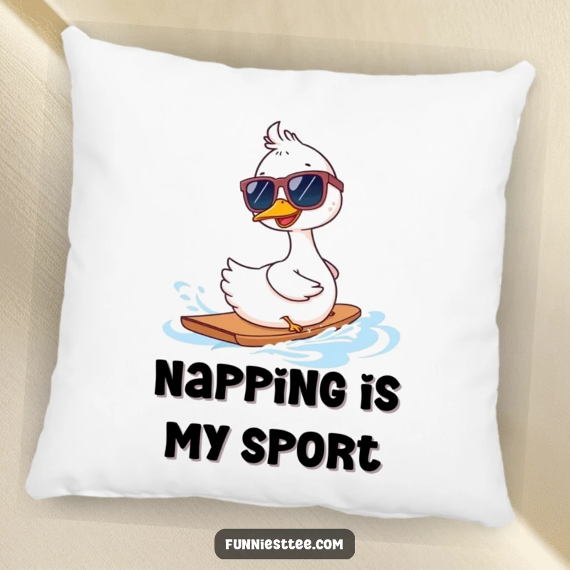 Funny goose in oversized sunglasses waterskiing backwards on a pillow, a soft and comical decorative accent.