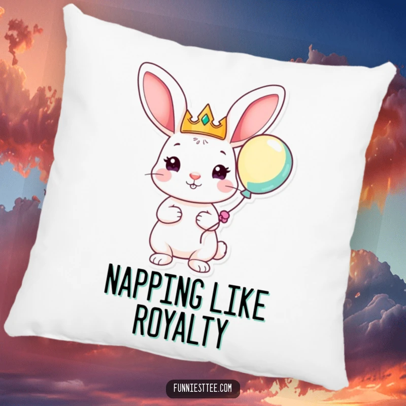 Funny pillow featuring a playful rabbit with oversized ears, wearing a crown and holding a balloon, bringing cozy royal charm and joyful vibes.