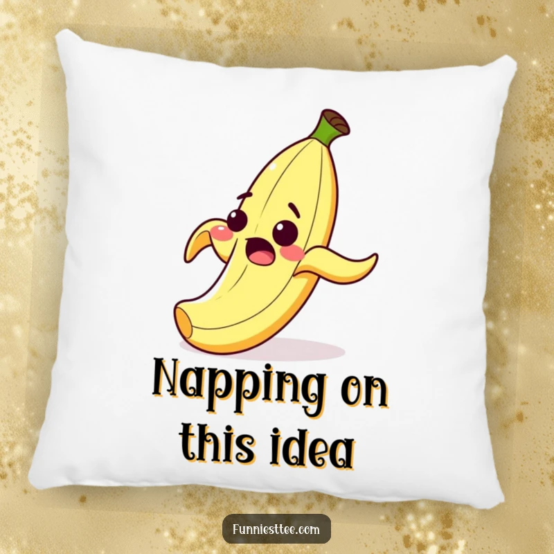 Funny pillow with a surprised cartoon banana peel grinning as it comically slips on its own peel, a cozy and humorous decor item.