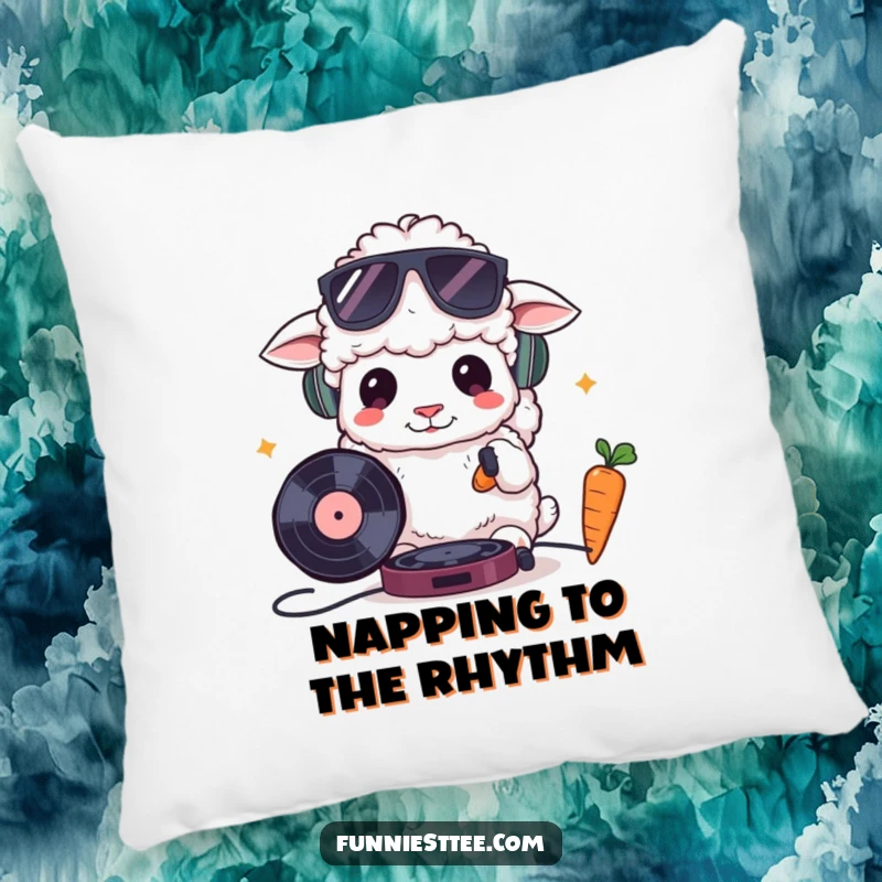 Funny pillow featuring a fluffy sheep wearing sunglasses, cooly DJing with a record and carrot, offering a humorous and soft touch to any music lover's space.