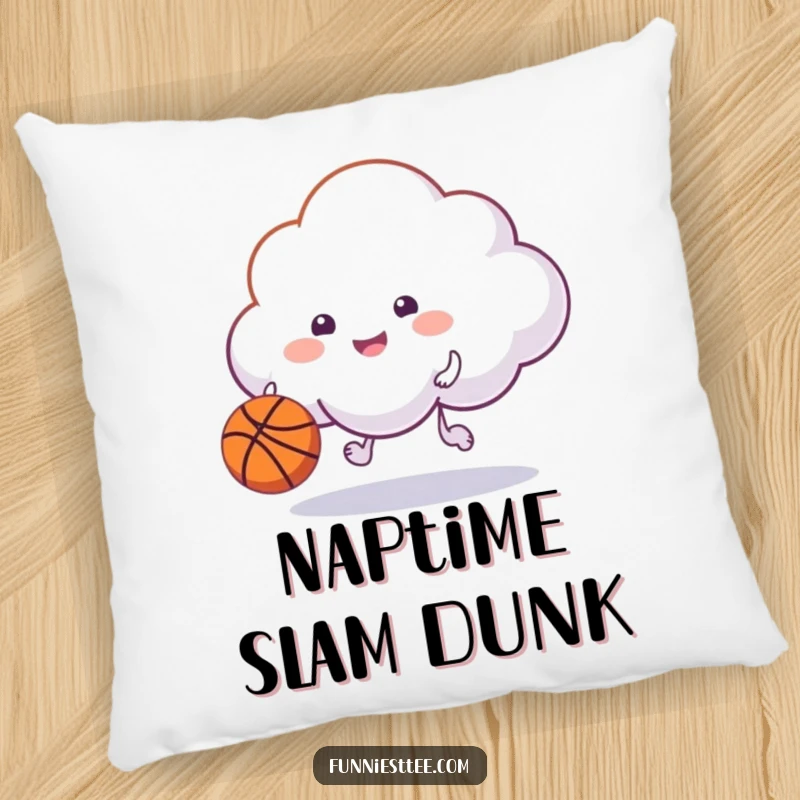 Funny happy cloud dribbling a basketball with its puff on a pillow, a soft and comical decorative item.