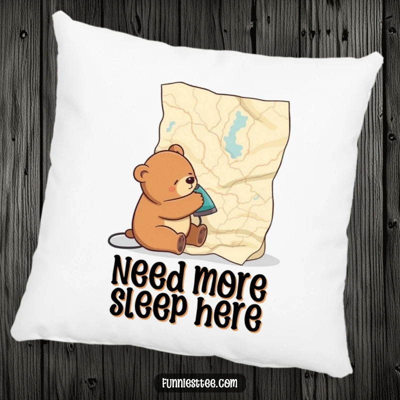 Funny pillow featuring a sleepy bear trying to iron a large, wrinkled map, offering plush comfort and a dose of amusement.