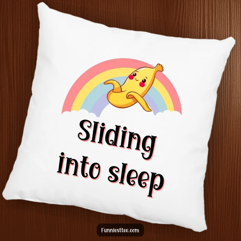 Funny Banana Rainbow Pillow with a cheerful banana peel sliding gleefully down a rainbow, offering soft comfort and humorous appeal.