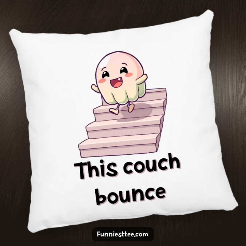 Funny pillow featuring a wobbly jelly character bouncing down stairs, providing soft, comfortable, and humorous decorative appeal.