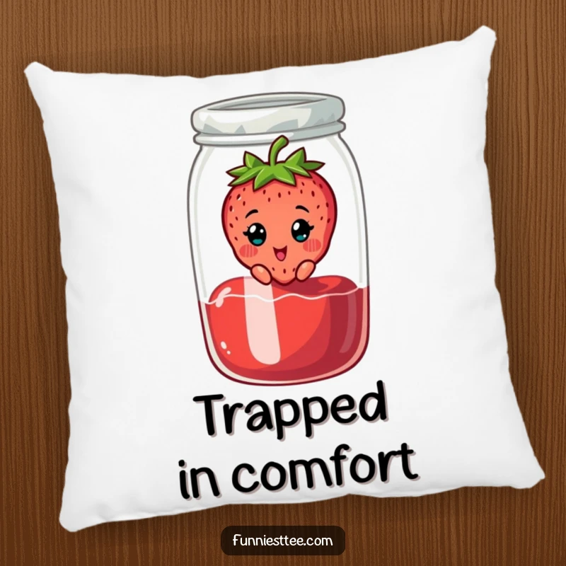 Funny pillow featuring a cheerful strawberry character stuck in a jam jar, looking surprised, a soft and humorous decor item.