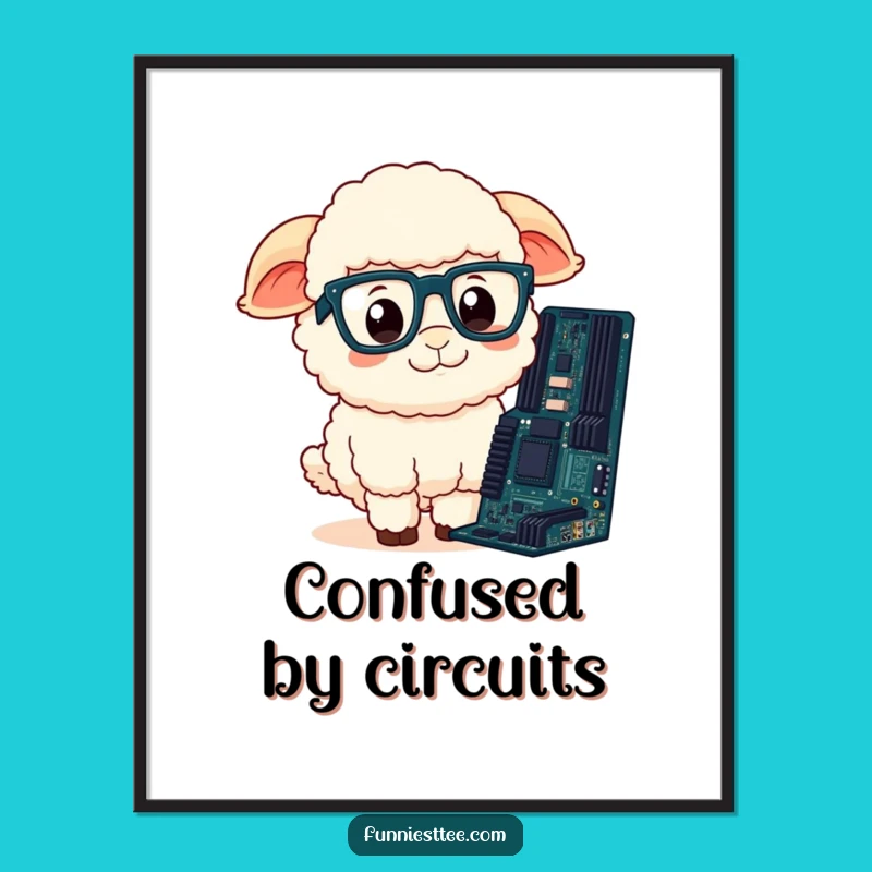 Funny Sheep Digital Art: Confused Sheep & Motherboard, Quirky Tech Wall Decor