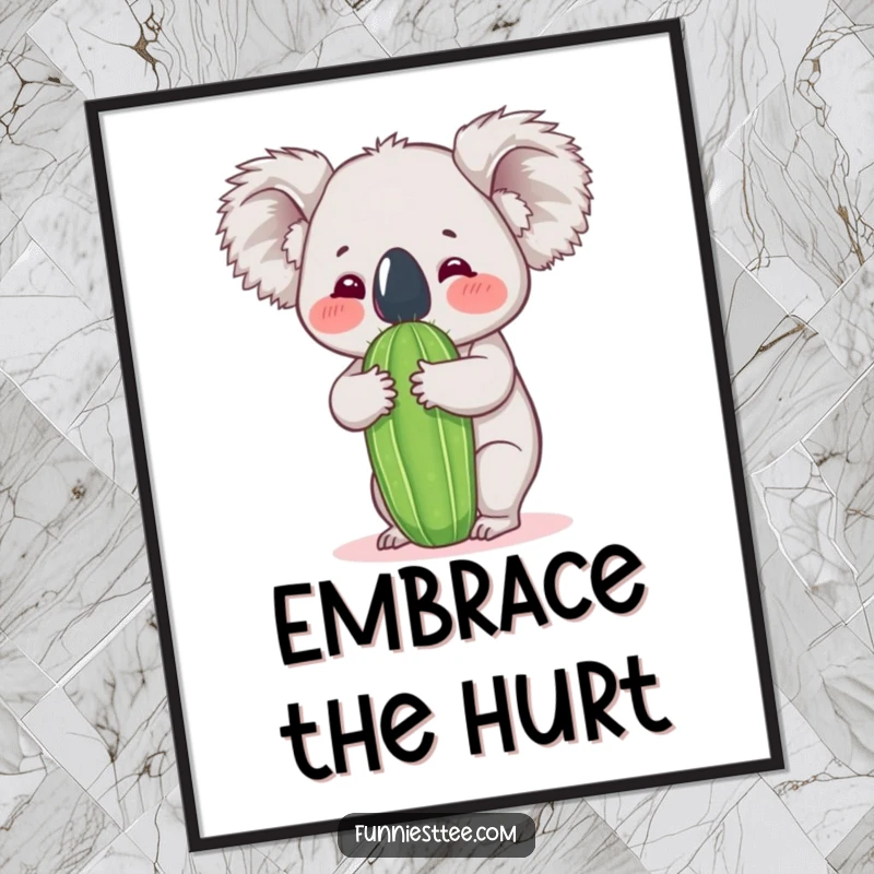Funny koala digital art print capturing a koala's enthusiastic hug of a cactus, perfect for humorous and instantly downloadable wall decor.