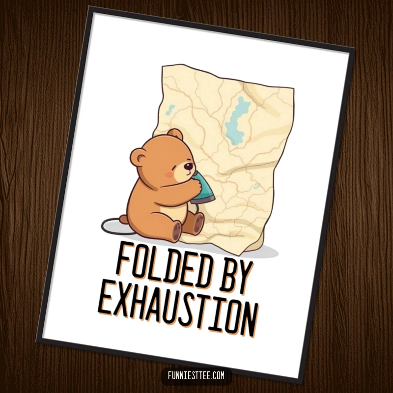 Funny digital art print of a sleepy bear comically ironing a giant, wrinkled map, perfect for instant download and humorous decor.