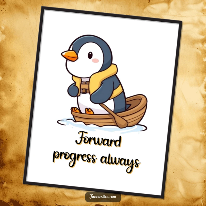 Funny penguin digital art print of a determined penguin in a life vest, bravely paddling a small boat, inspirational wall decor.