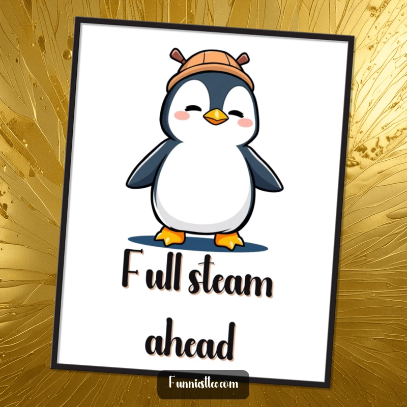Funny digital art of a determined penguin wearing a propeller hat, marching forward with great enthusiasm.
