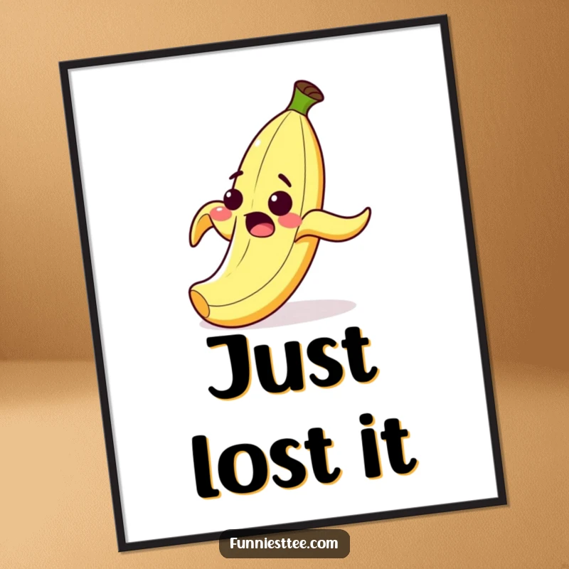 Funny digital art print of a surprised cartoon banana peel with a wide grin, comically slipping on its own peel, instant wall humor.
