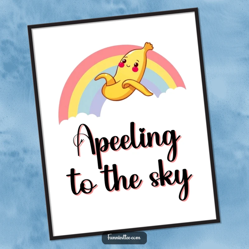 Funny Banana Rainbow Digital Art Print showing a cheerful banana peel sliding gleefully down a rainbow, ready to bring smiles.