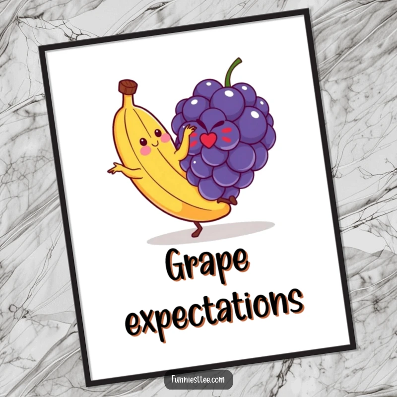 Funny digital art print capturing a banana's hilarious mid-slip pose on a tiny grape, perfect for adding comedic flair to any space.